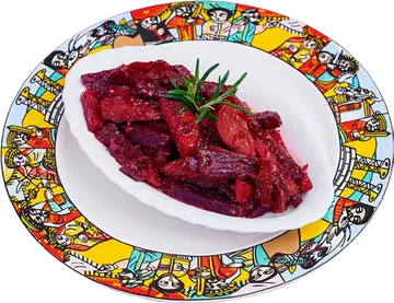 Keysir: red beetroot and potatoes on a patterned plate.