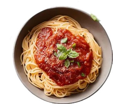 Spaghetti with red sauce and greens.