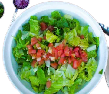 Green lettuce with tomato and chopped onion.